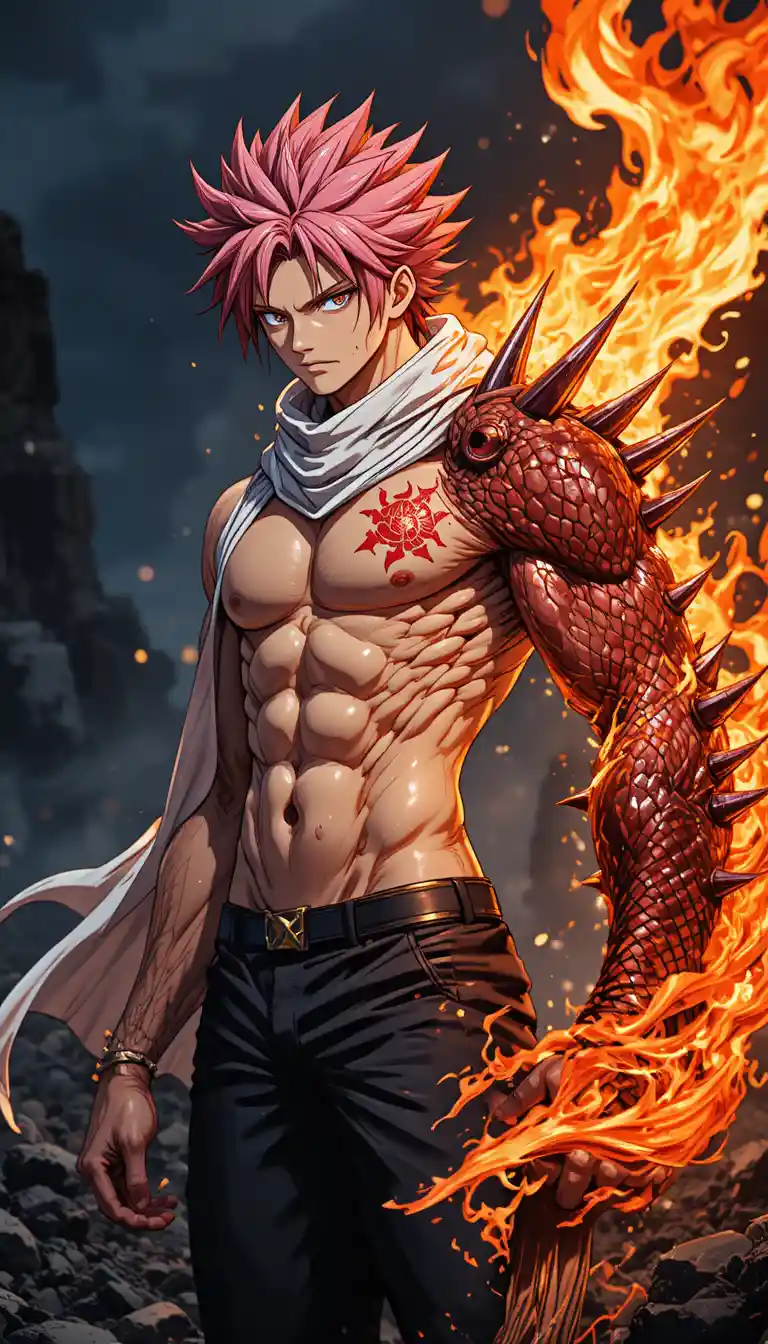 渦巻く炎をまとった裸胸のアニメ戦士