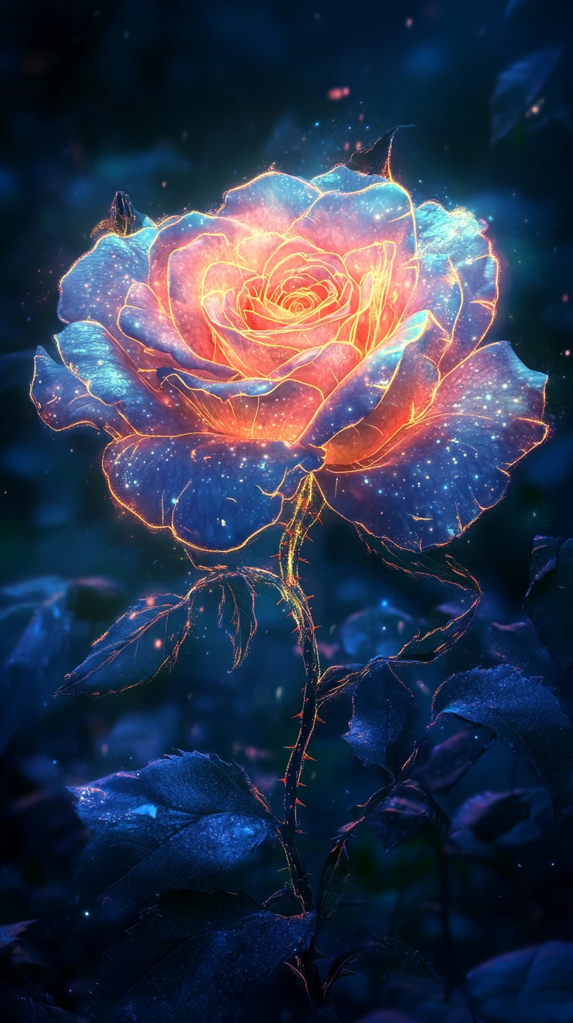 ビロードの花びらに描かれたエルフの乙女を抱く巨大なバラ
