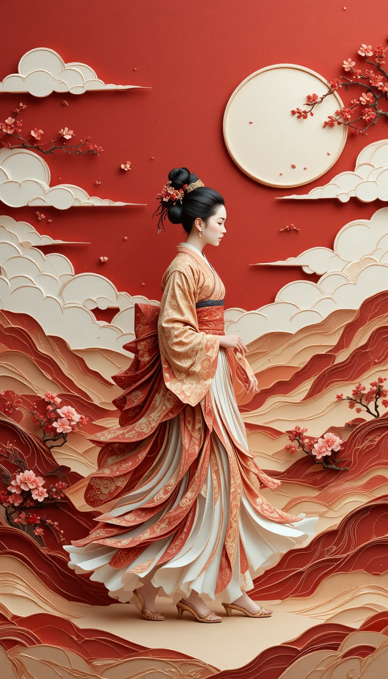 Kabuki performer in layered paper art walking calmly