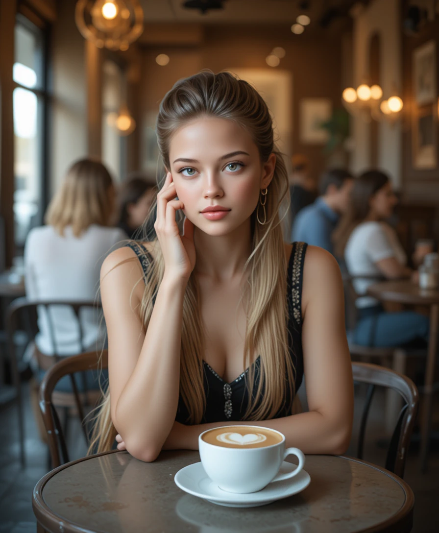 Blonde woman in black dress relaxing at cozy cafe table