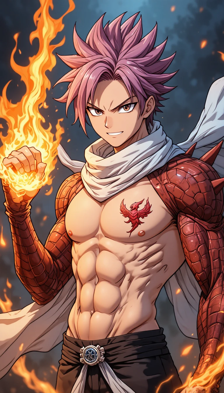 Mago de fogo heroico de anime com transformação em braço de dragão