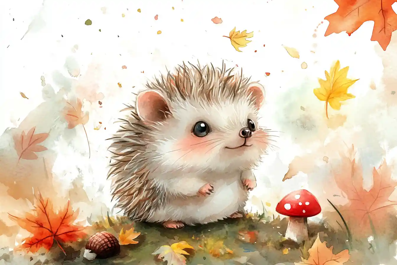 Cute Baby Hedgehog Watercolor In A Forest Floor Scene