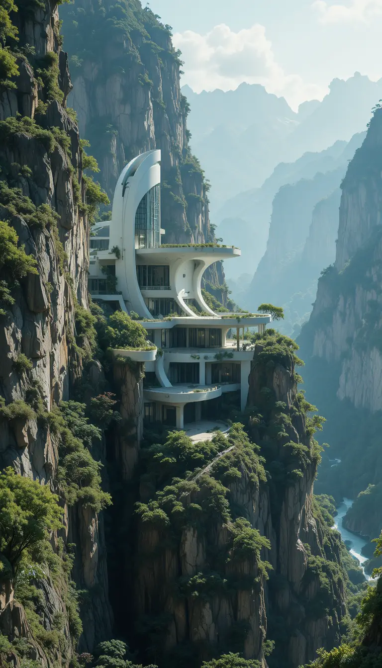 Futuristic brutalist sanctuary in panoramic mountain landscape