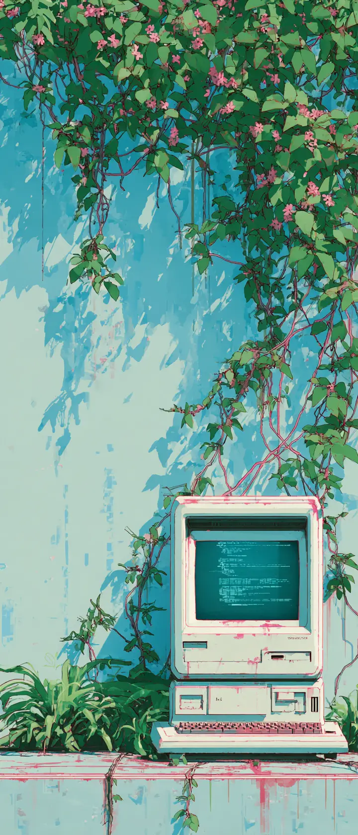 Retro-Computerterminal mit Ranken in minimalistischer Digital Art