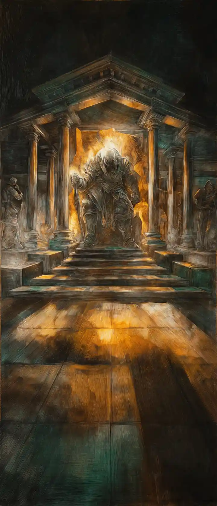Glowing Wizard Of Light Guarded By Dwarves In Temple Hall
