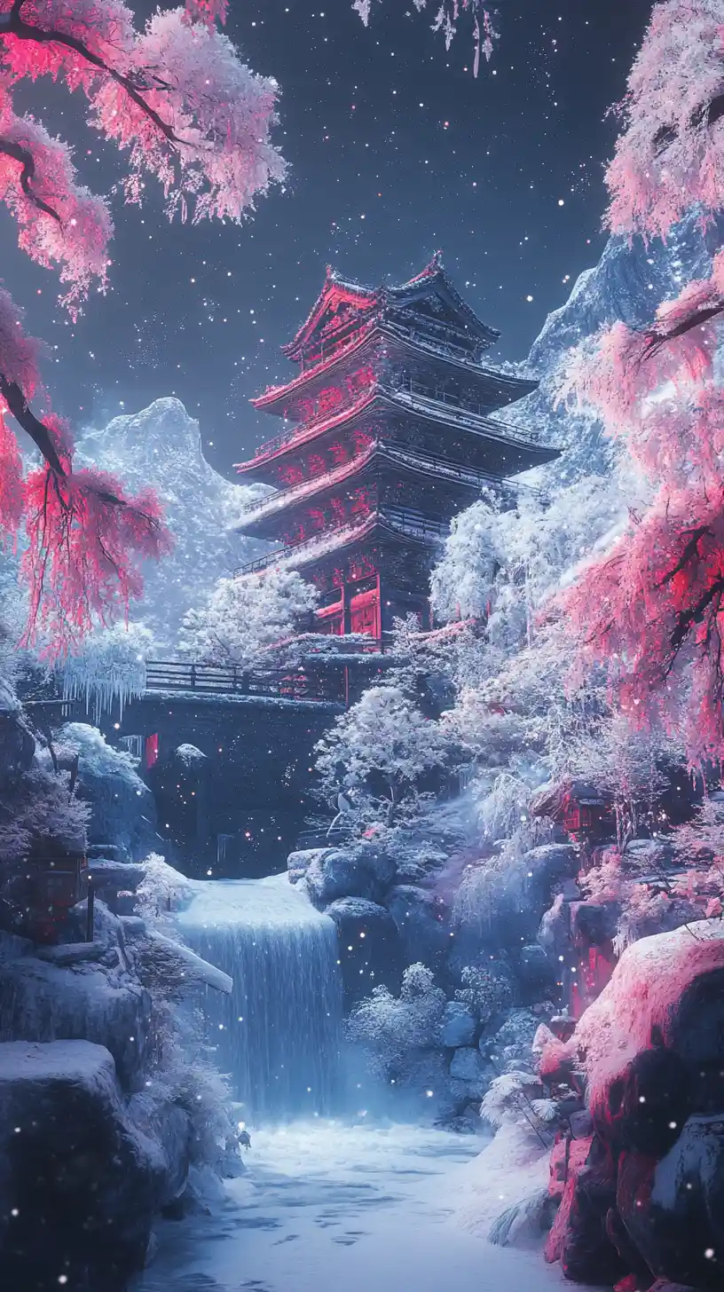 雪景奇幻宮殿與瀑布與櫻花樹