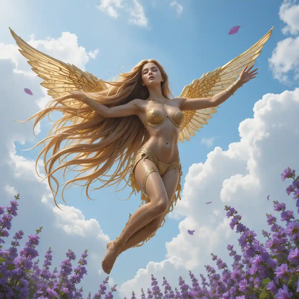 Goldene Statuenfrau fliegt durch einen violetten Blumenhimmel
