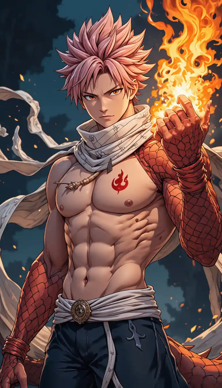 Héroe de anime con brazo de dragón y explosión de magia llameante