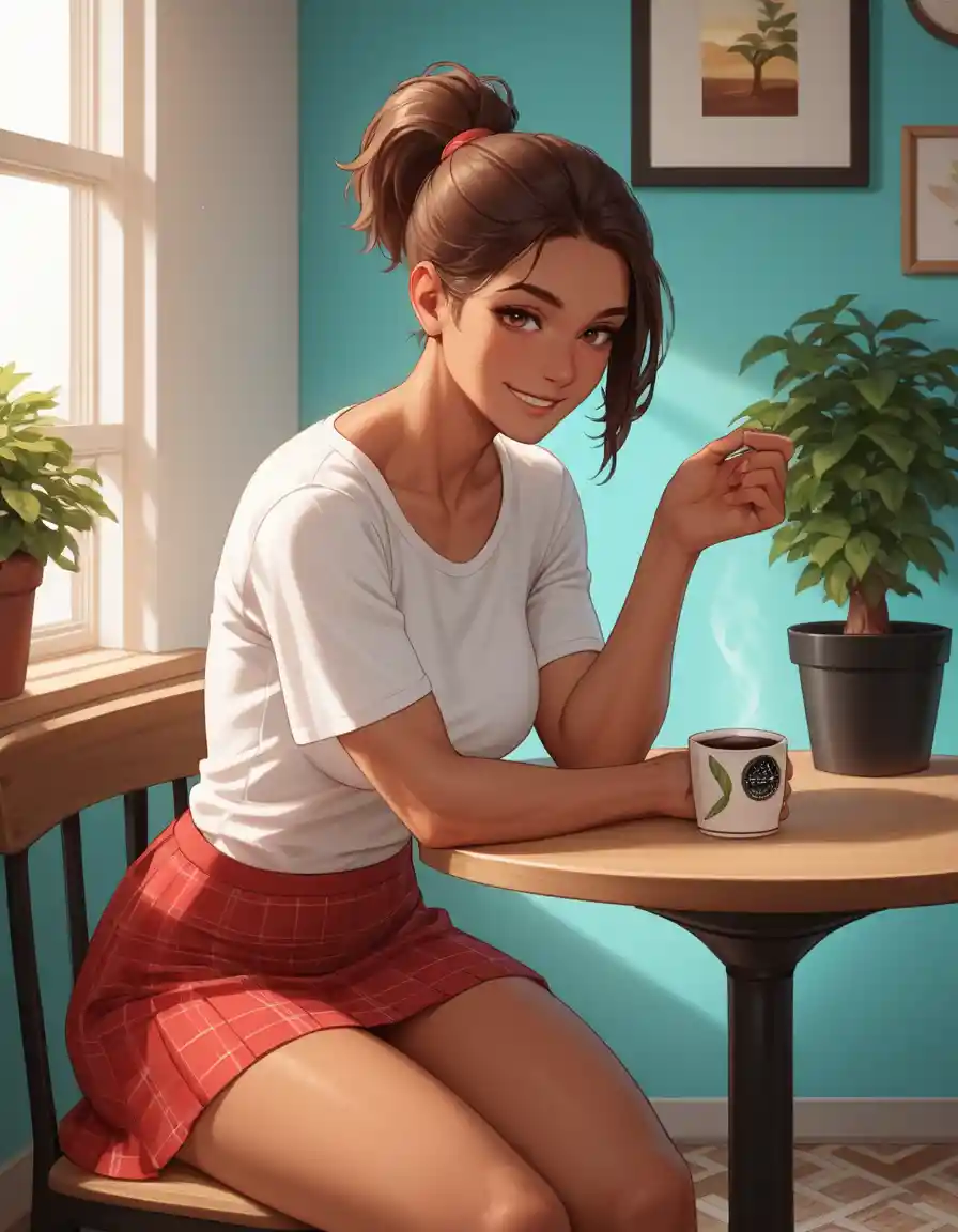 Tanned woman relaxing alone in a colorful cafe
