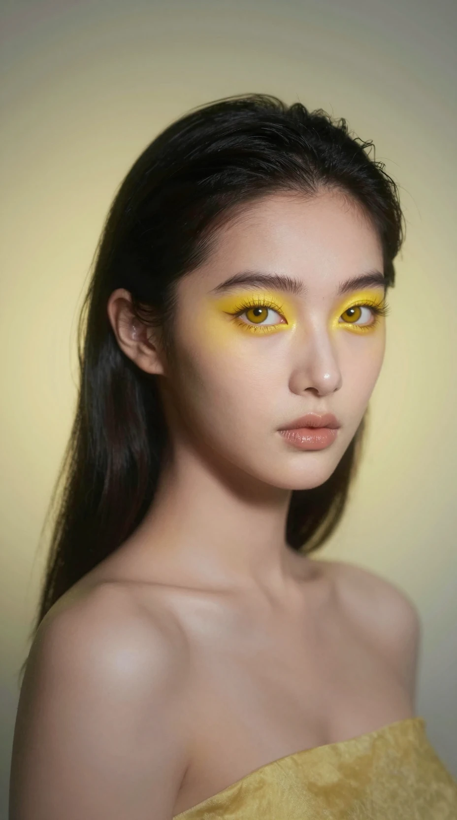 Mulher mística de olhos amarelos em aura de luz em espiral