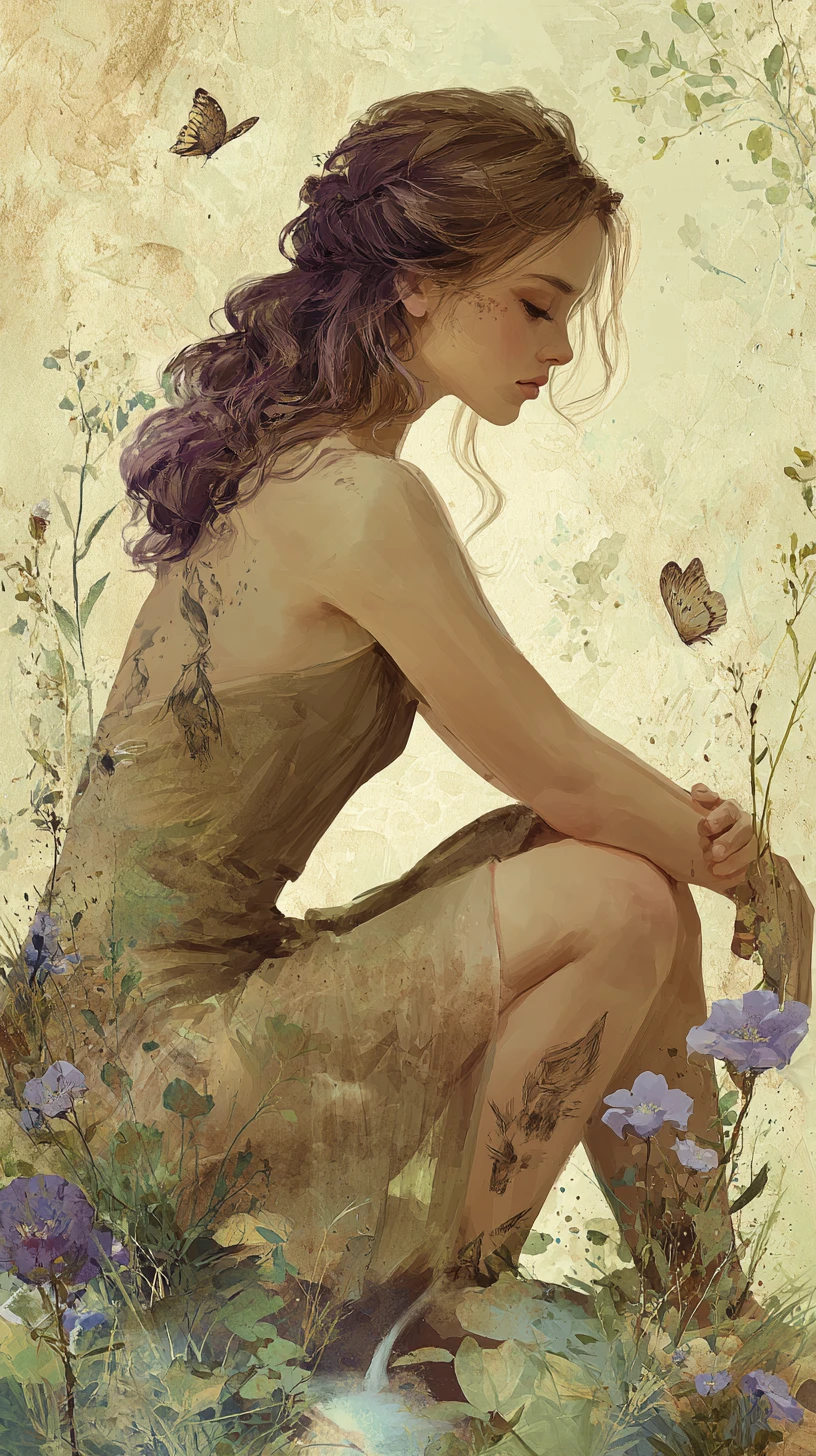 Woman meditating by a tranquil pastel lakeside waterfall