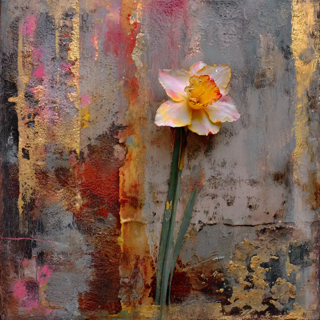 Arte astratta wabi-sabi con fiore di narciso centrale