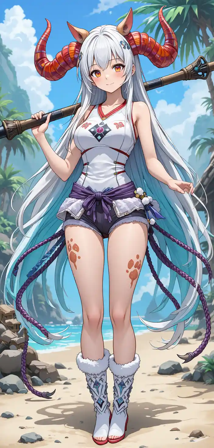 Anime warrior woman with horns on a tropical island