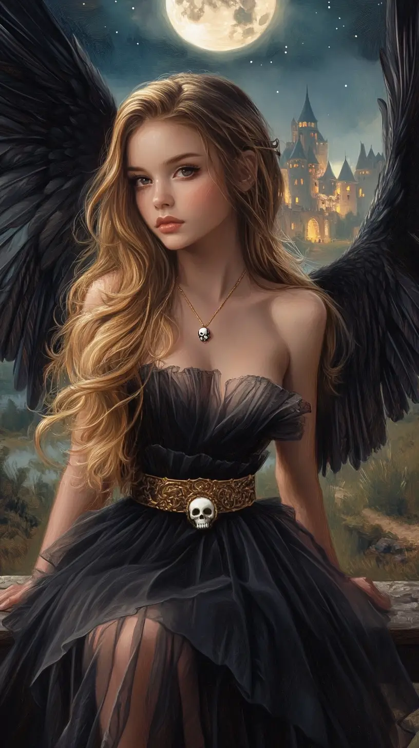 Femme ange sombre sur un pont sous la pleine lune