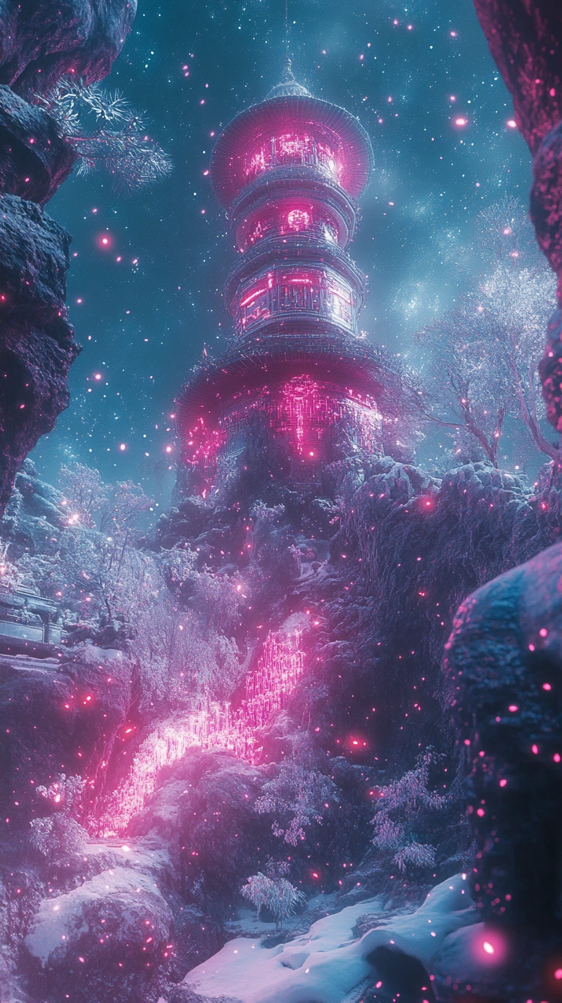 滝と咲き誇る木々に囲まれた雪の幻想宮殿