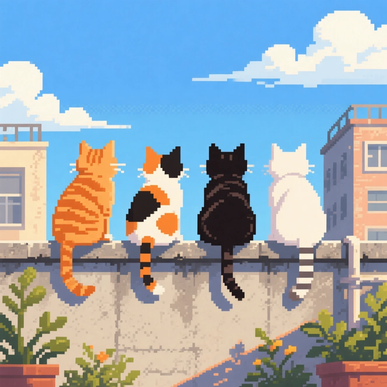 Four cats sitting on a sunny urban rooftop in pixel art