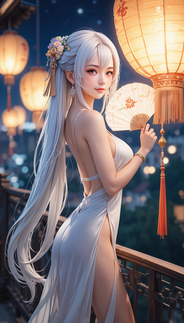 Elegante donna anime dai capelli bianchi su un balcone illuminato dalle lanterne