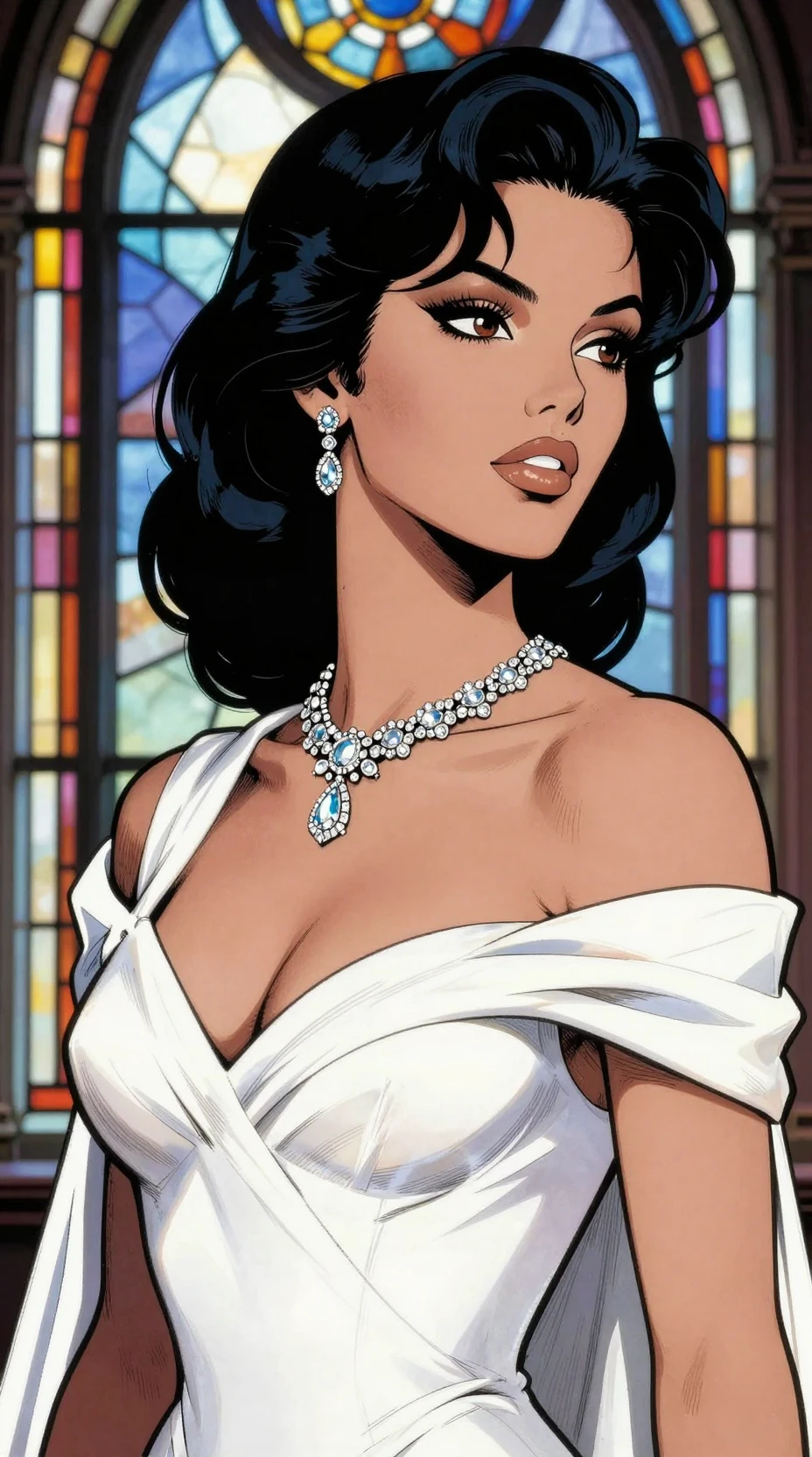 Black haired girl portrait with diamonds and white gown