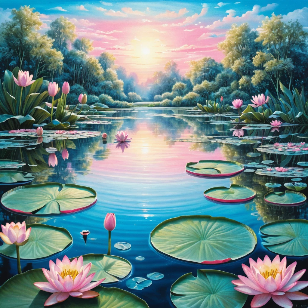 Lago ao amanhecer surreal com lírios-d’água cor‑de‑rosa em tons pastéis