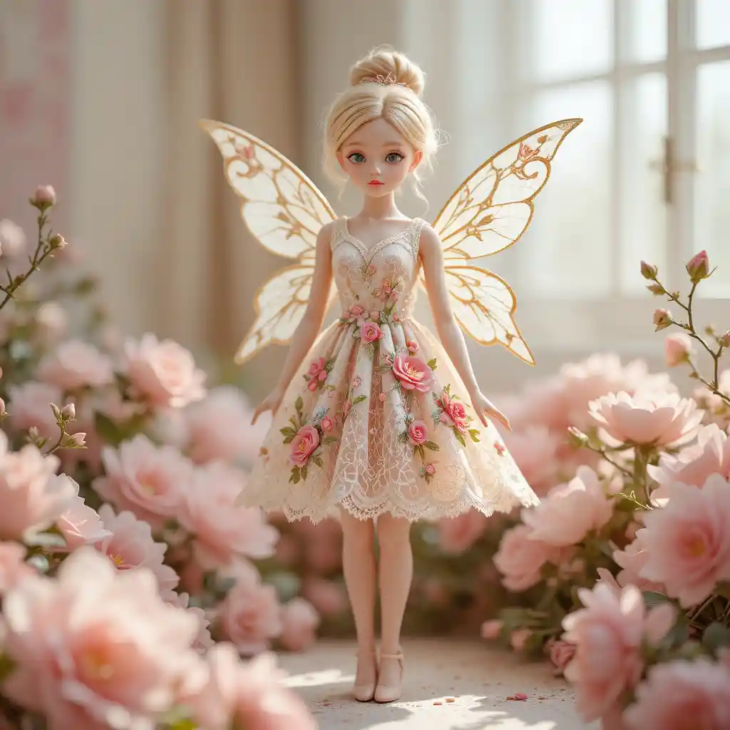 Bambola fata tra fiori rosa in fiore in una stanza da sogno