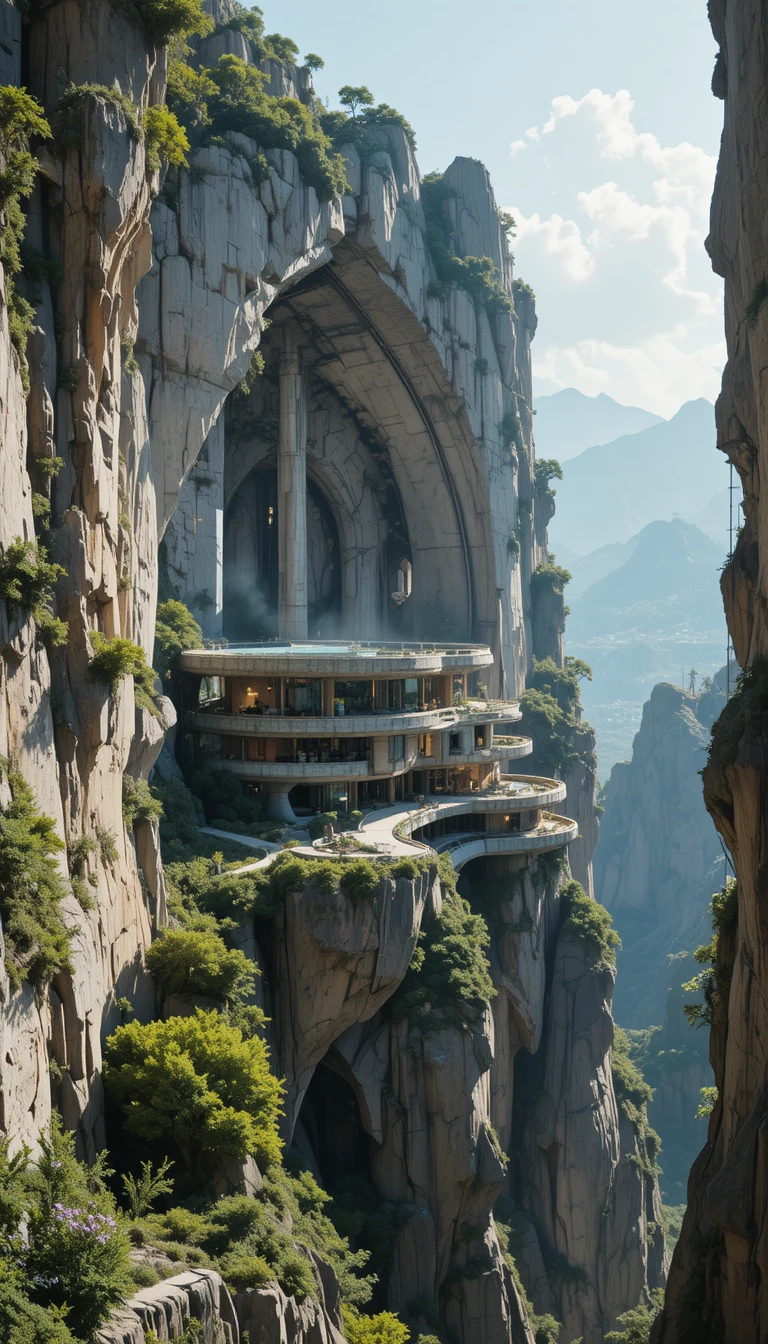 Santuario futuristico scolpito in drammatiche scogliere di montagna
