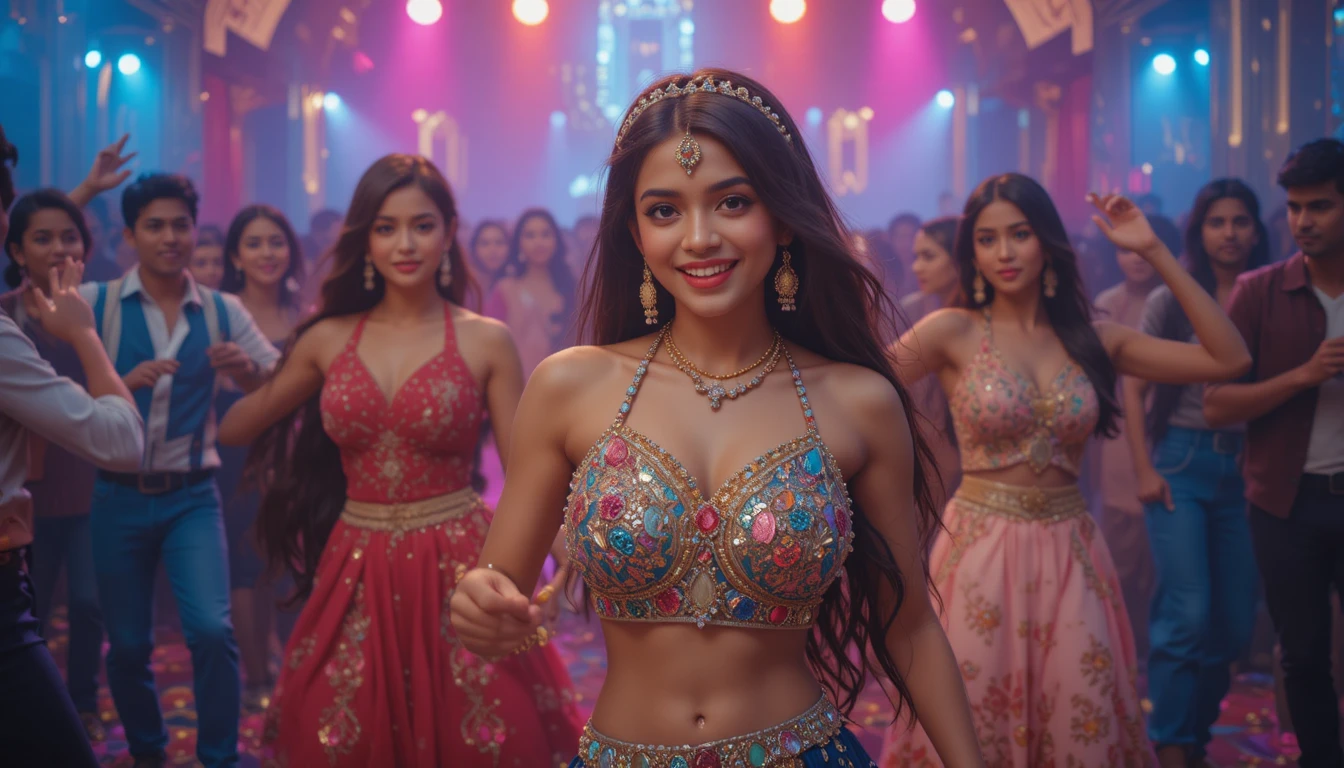 Energetic dancers on a vibrant desi style dance floor