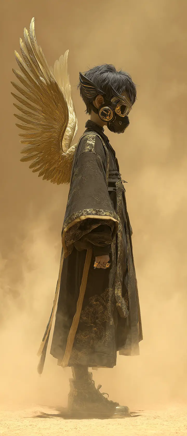 Bambino alato angelico e demoniaco in una tempesta di sabbia nel deserto