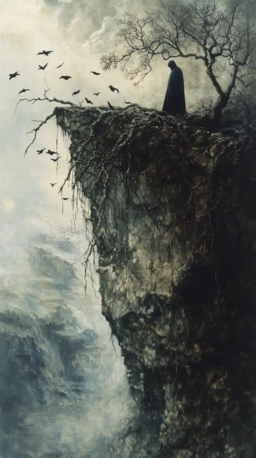 Lonely man standing on a cliff ledge in surreal style