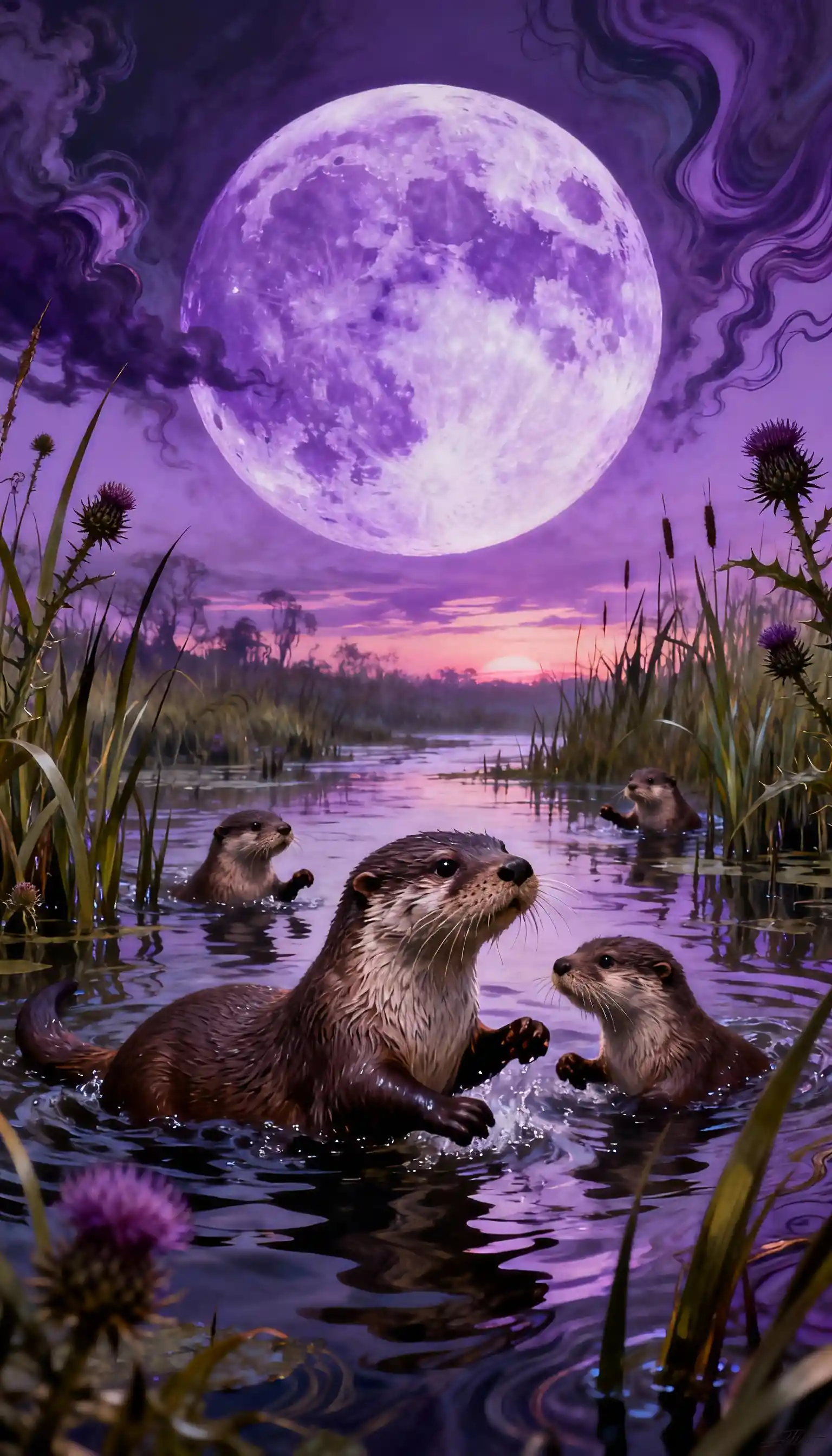 Otterfamilie, die unter einem lavendelfarbenen Vollmond spielt