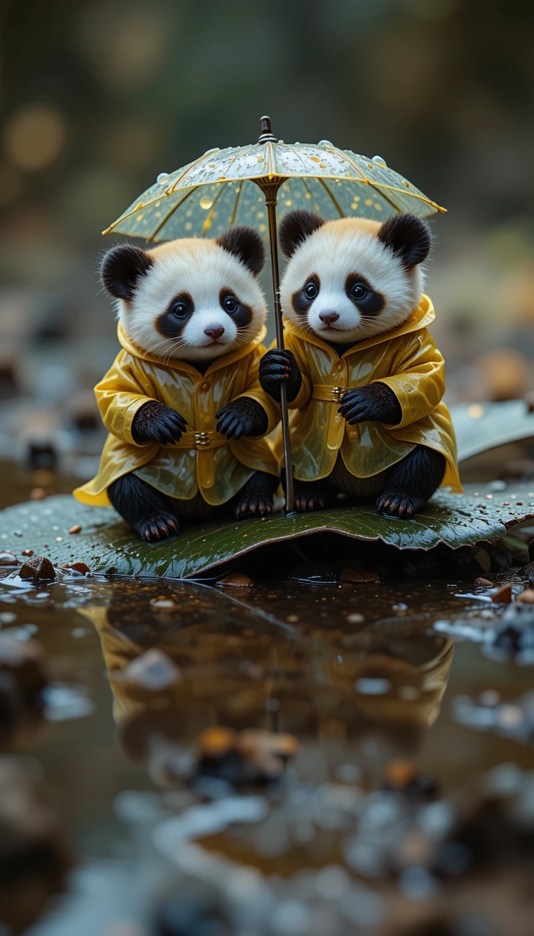 Minuscules pandas en imperméables jaunes sur une seule feuille verte
