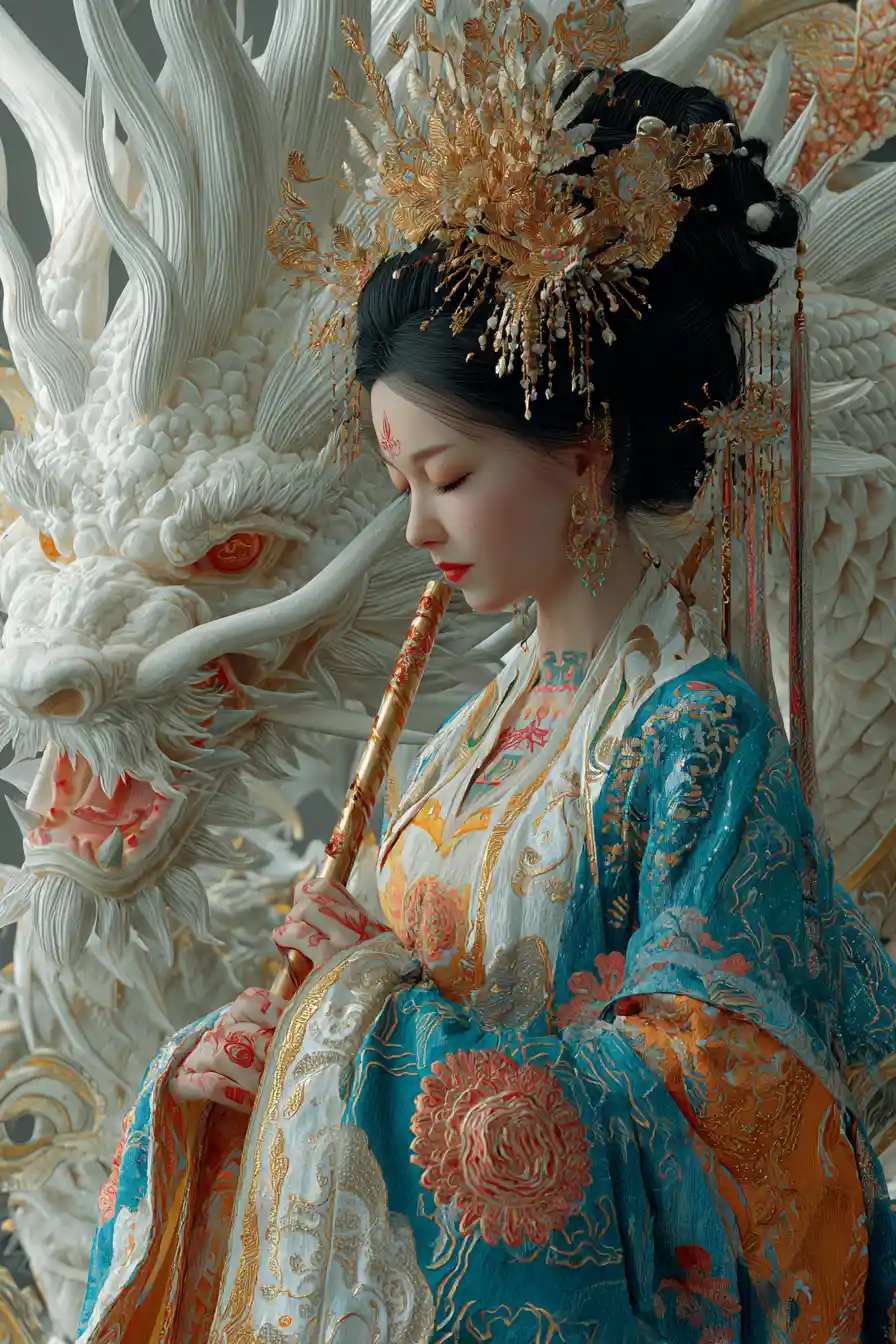 Meditating imperial woman with dragon and koi in silk