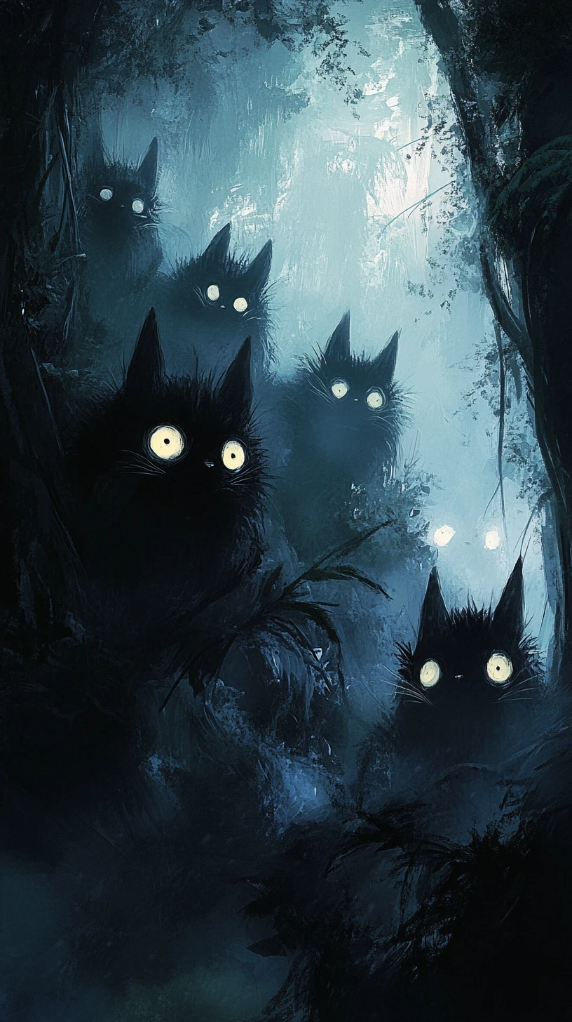 Whimsical Japanese dust spirits swirling in playful chaos