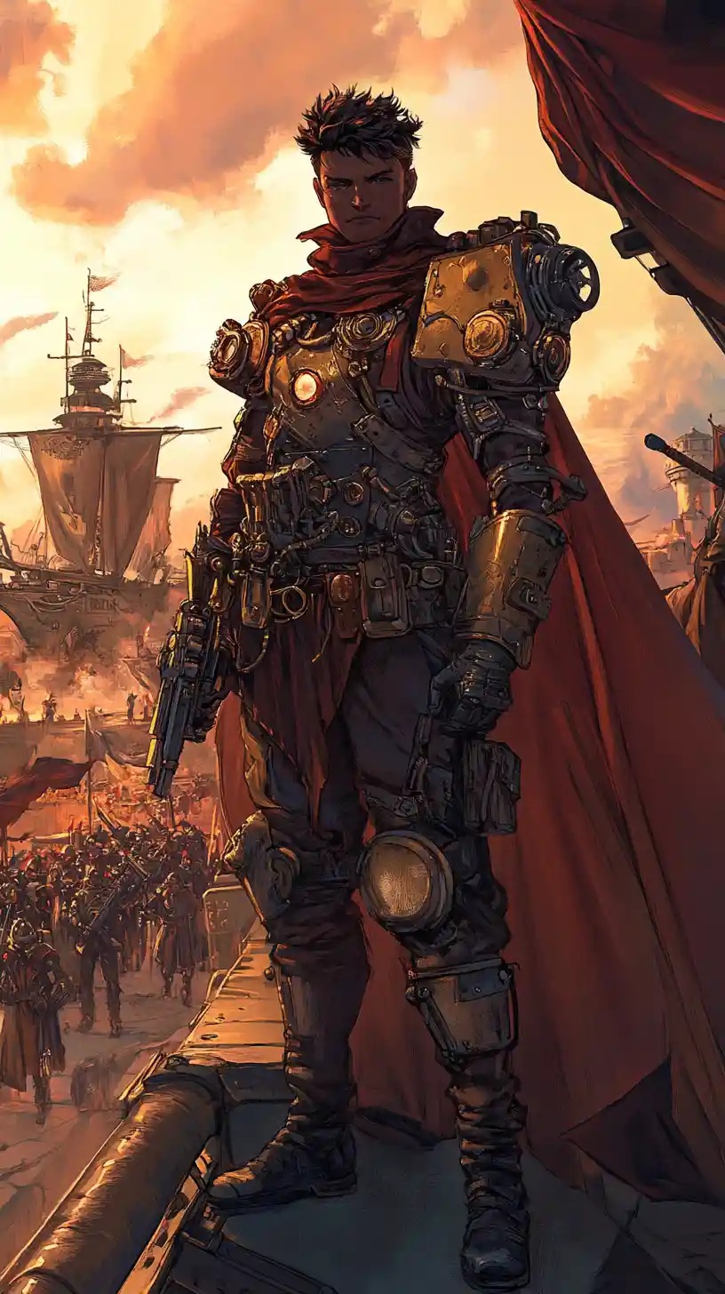 Guerriers fantasy steampunk en armure mécanique sous une lumière douce