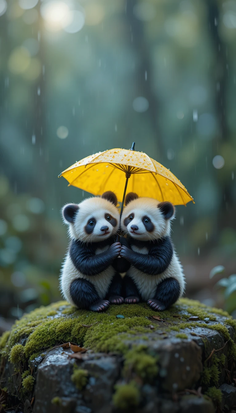 Pandinhas minúsculas dividindo um guarda-chuva amarelo sobre pedra com musgo