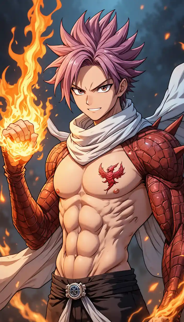 Mago de fogo heroico de anime com transformação em braço de dragão
