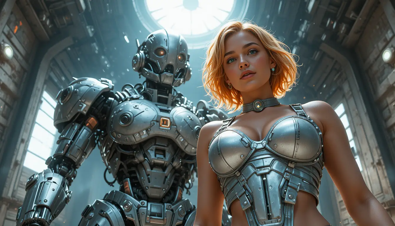 Two sci fi women posing with a robot in prison