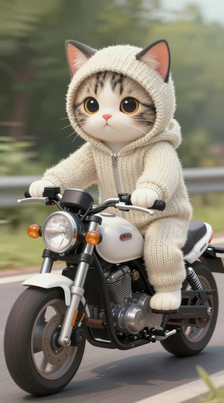 Gatinho fofo de macacão de tricô andando de motocicleta