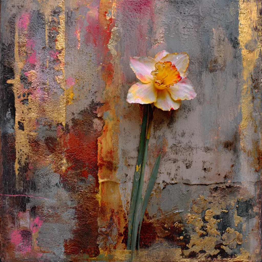Abstrakte Wabi-Sabi-Kunst mit zentraler Narzissenblüte