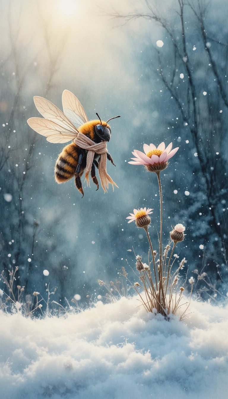 Tiny winter bee hovering by the first flower in snow