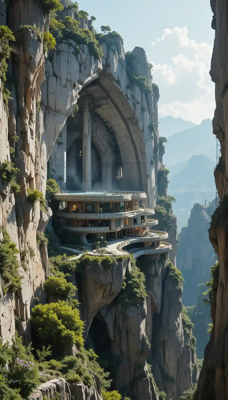 Futuristic sanctuary carved into dramatic mountain cliffs
