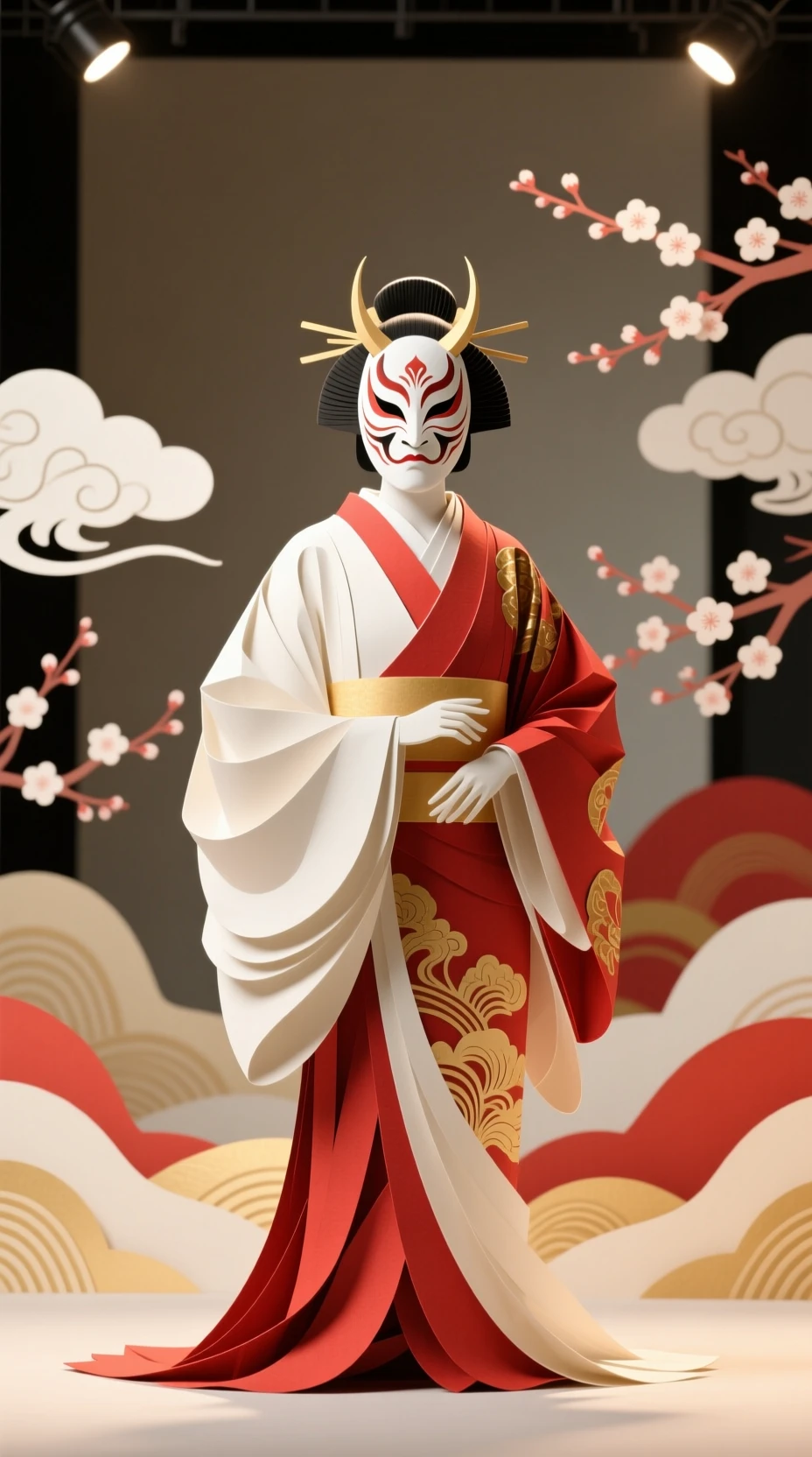 Attore di kabuki in illustrazione poetica a strati di carta ritagliata