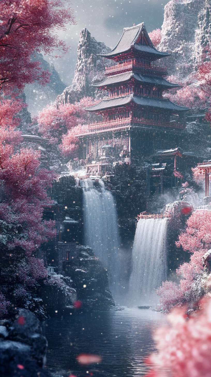 Palazzo fantasy innevato con cascate e dettagli luminosi