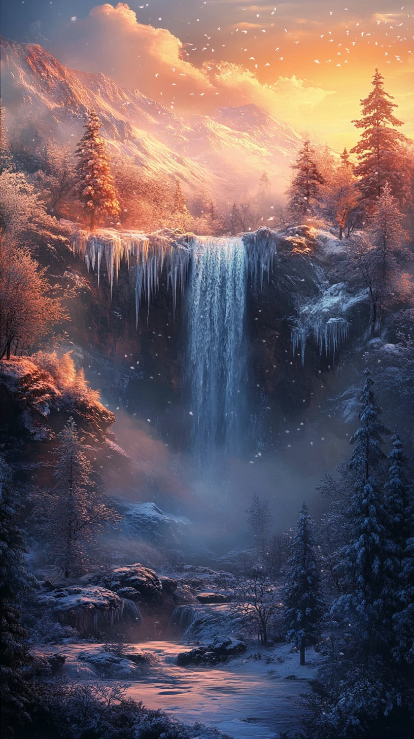 Incasata cascata ghiacciata al tramonto nella prima neve d’inverno