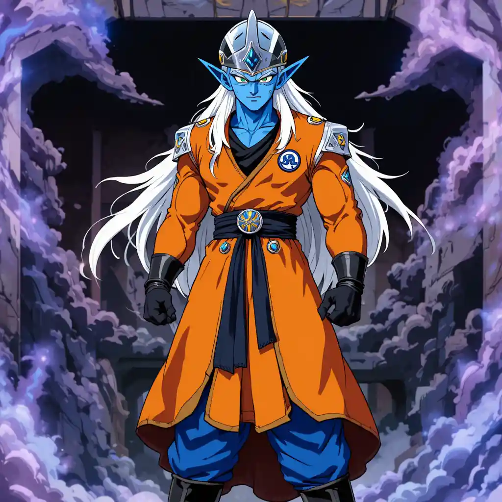 Tall blue wizard in armor with long white hair