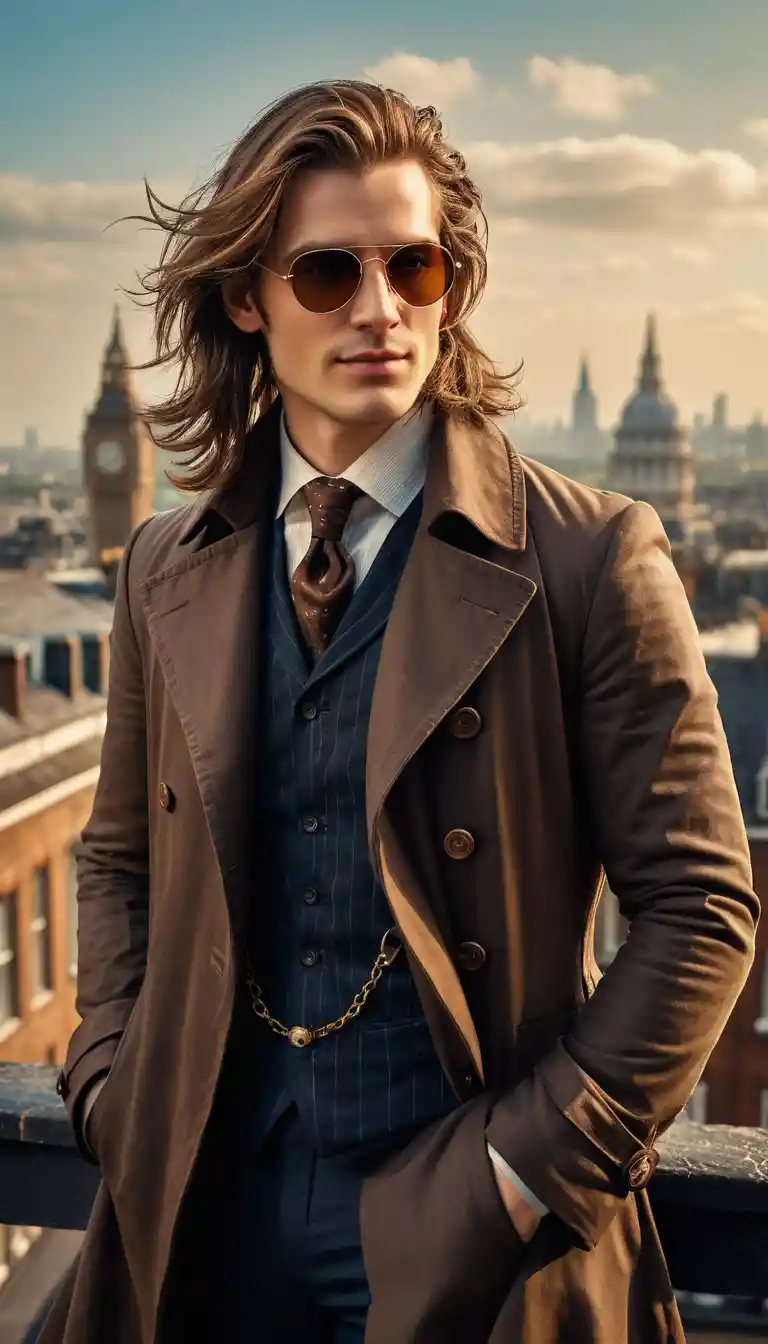 Stylish man on London rooftop with steampunk trench coat