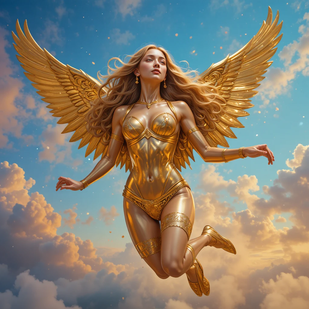 Golden statue woman flying through a colorful fantasy sky