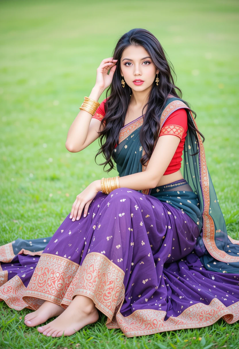 Young woman in colorful saree sitting on green lawn