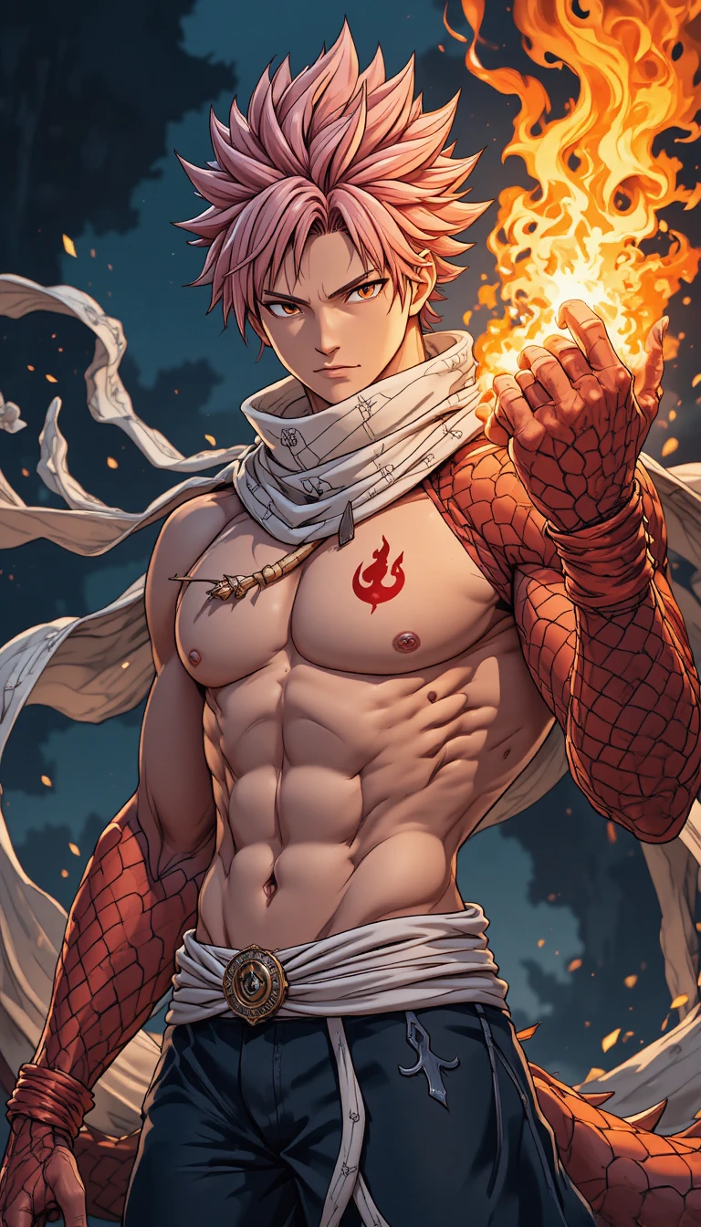 Héros d’anime au bras de dragon et déferlement de magie enflammée