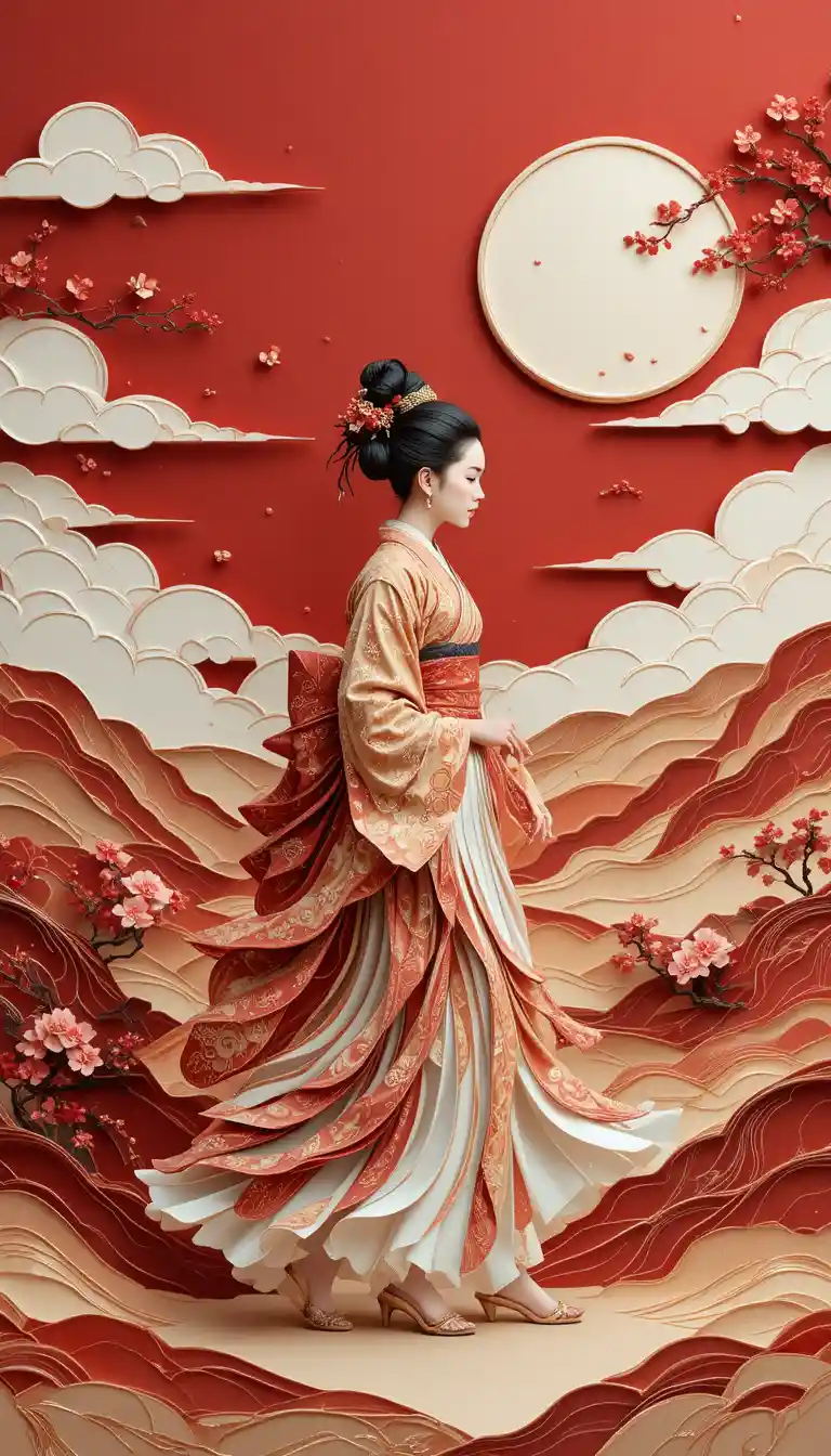 Kabuki performer in layered paper art walking calmly