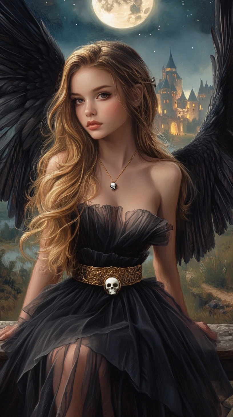 Femme ange sombre sur un pont sous la pleine lune
